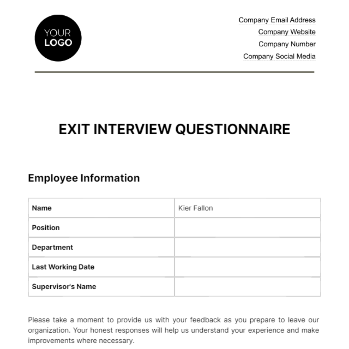 Exit Interview Questionnaire HR Template