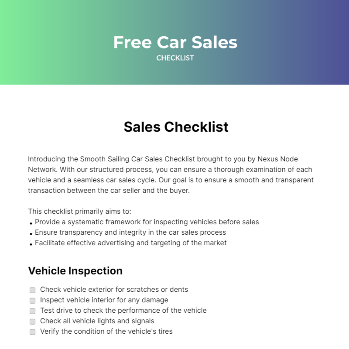 Car Sales Checklist Template