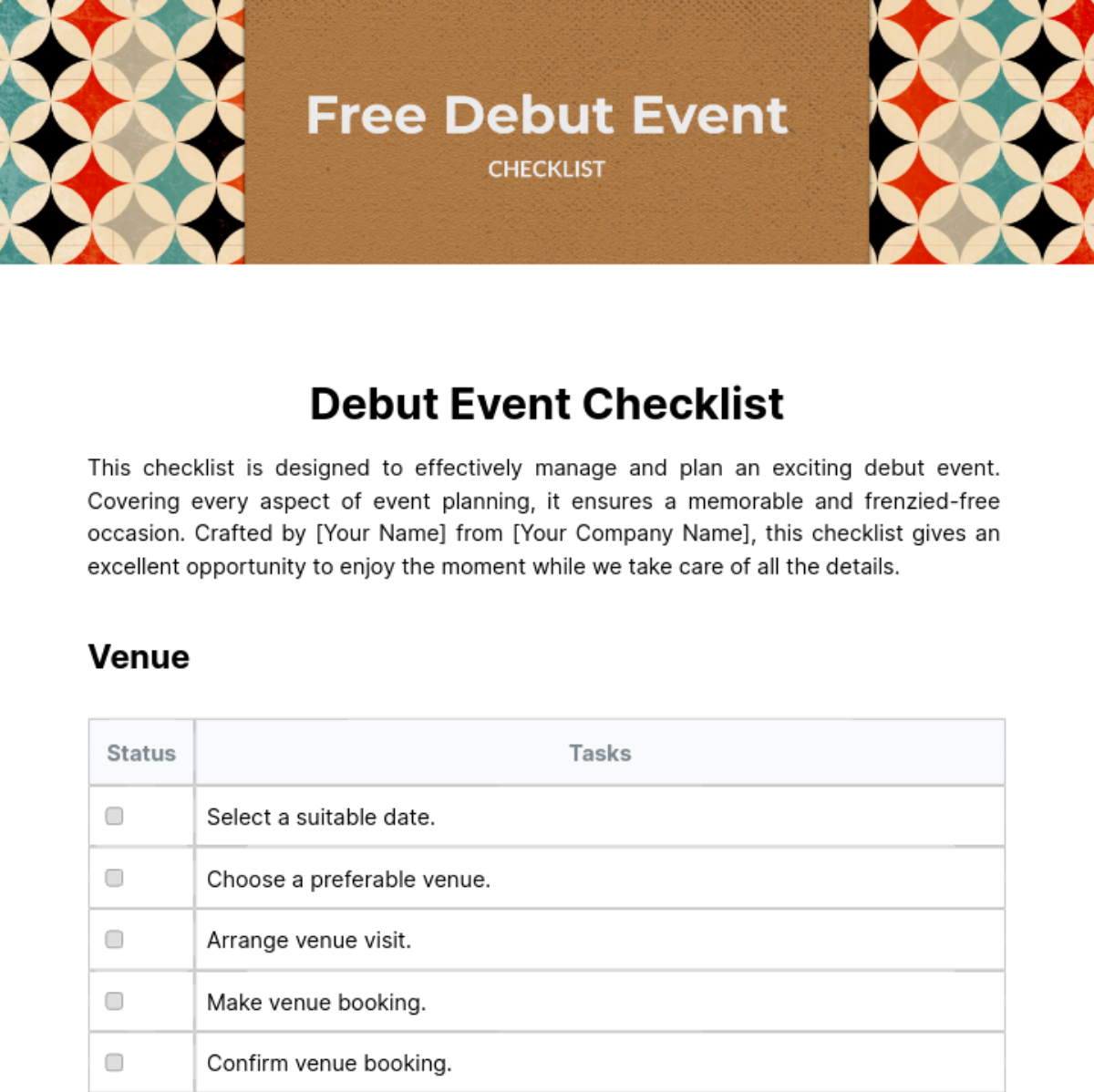 Debut Event Checklist Template