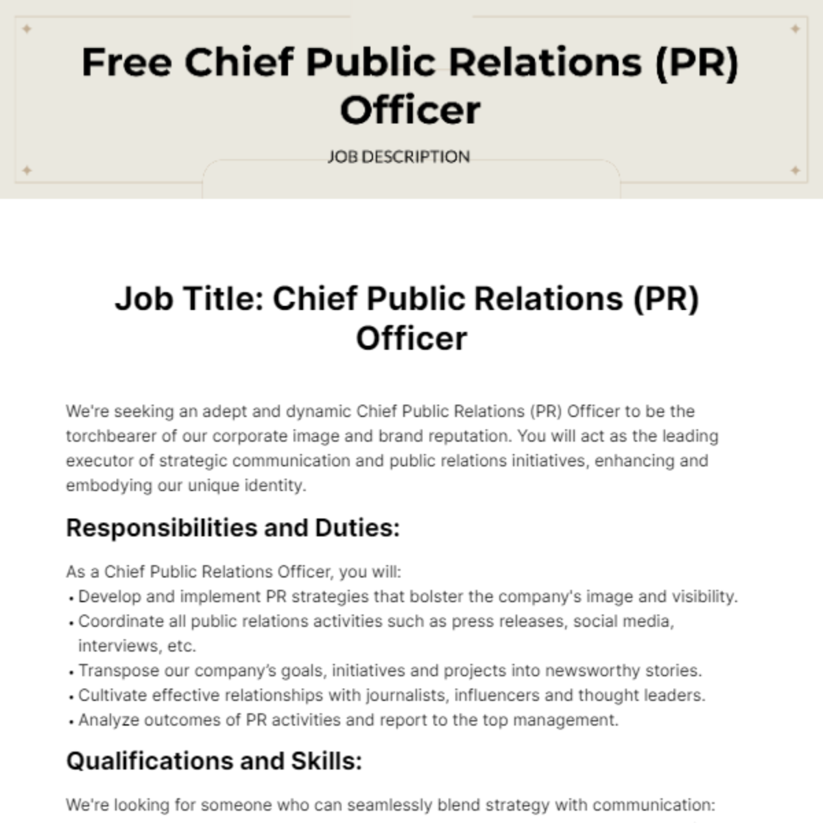Chief Public Relations (PR) Officer Job Description Template