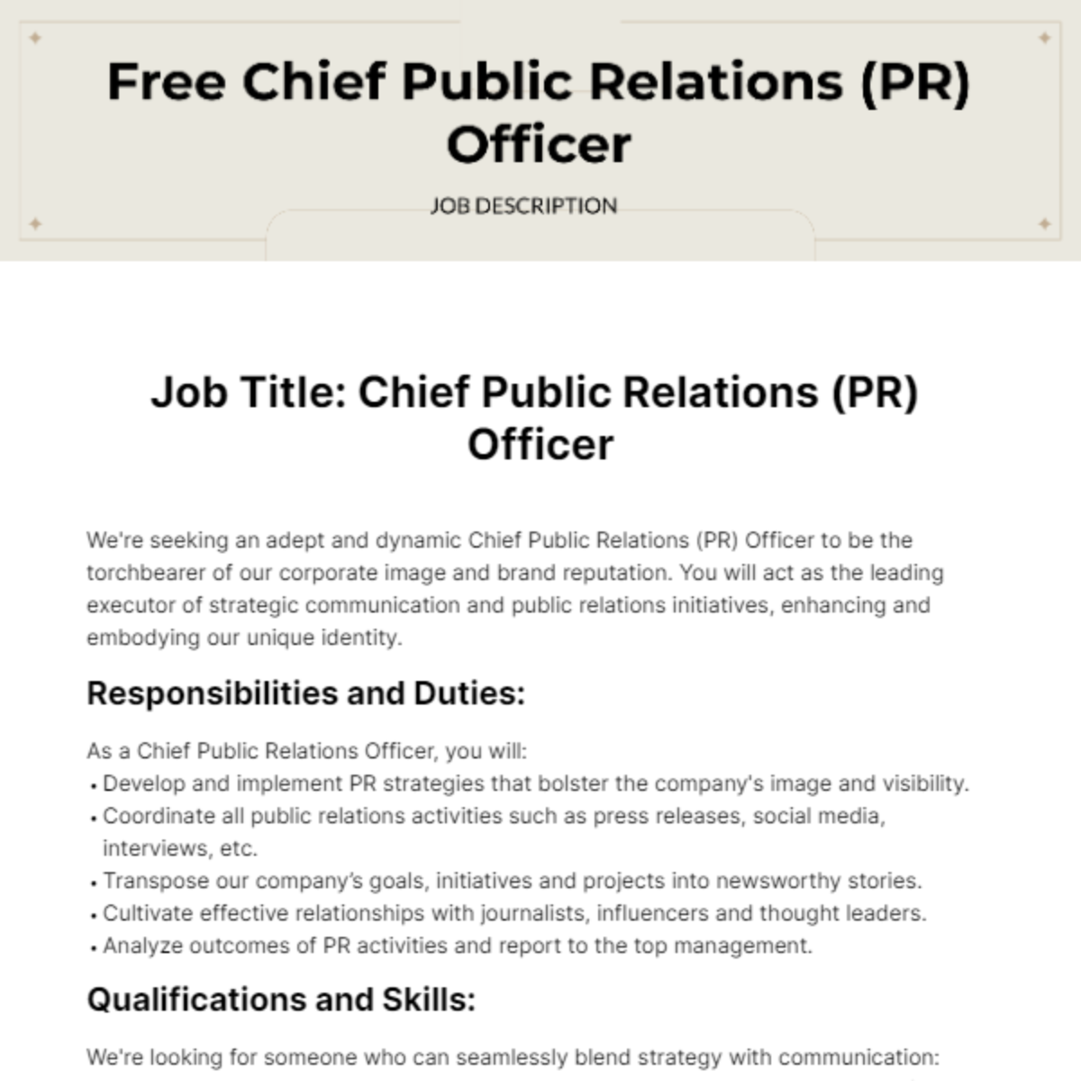 FREE Public Relations PR Job Description Templates Examples Edit   Chief Public Relations  28PR 29 Officer Job Description Edit Online 