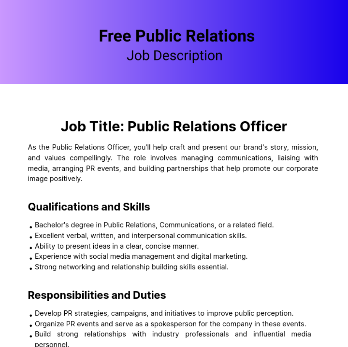 Public Relations (PR) Job Description Template