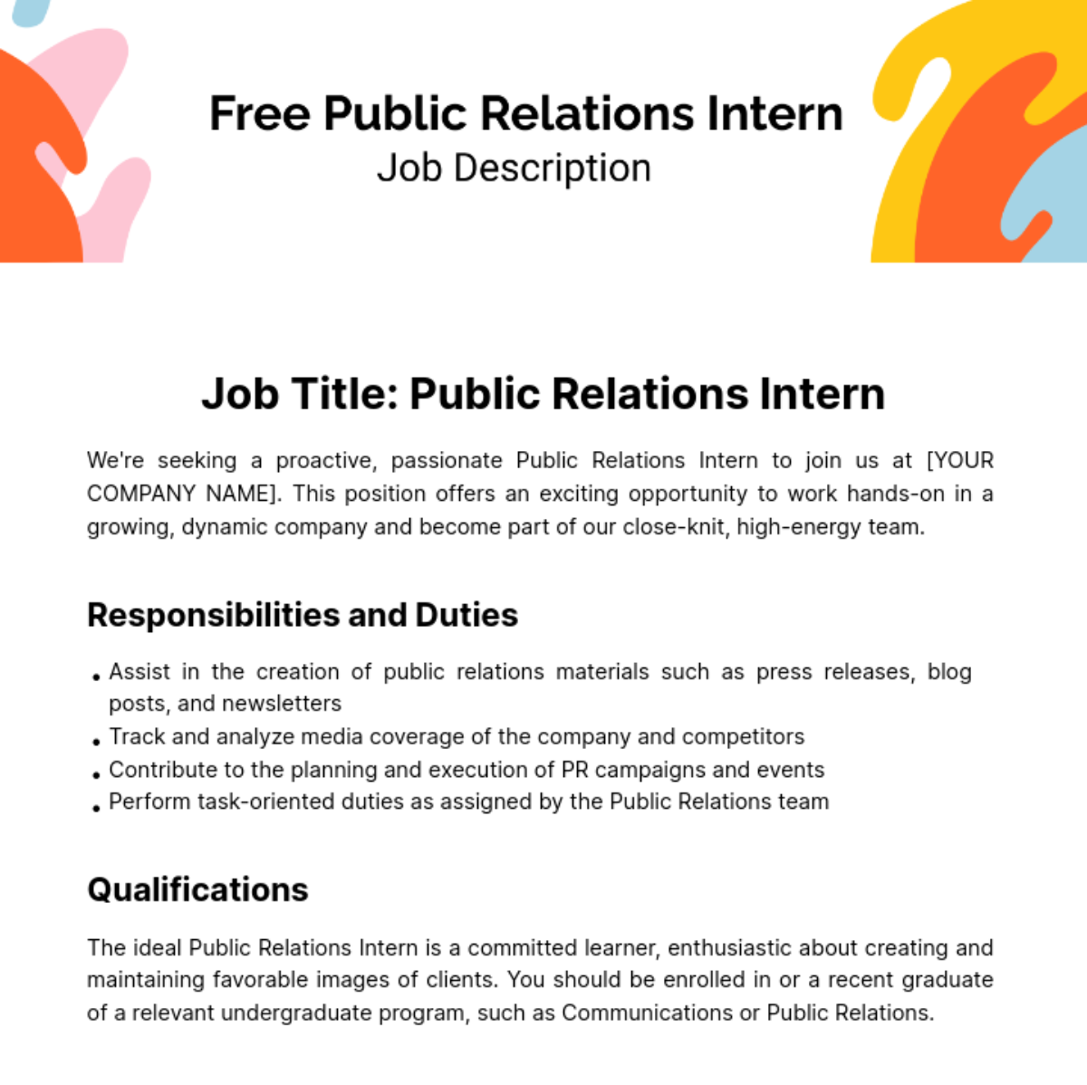 Public Relations (PR) Intern Job Description Template
