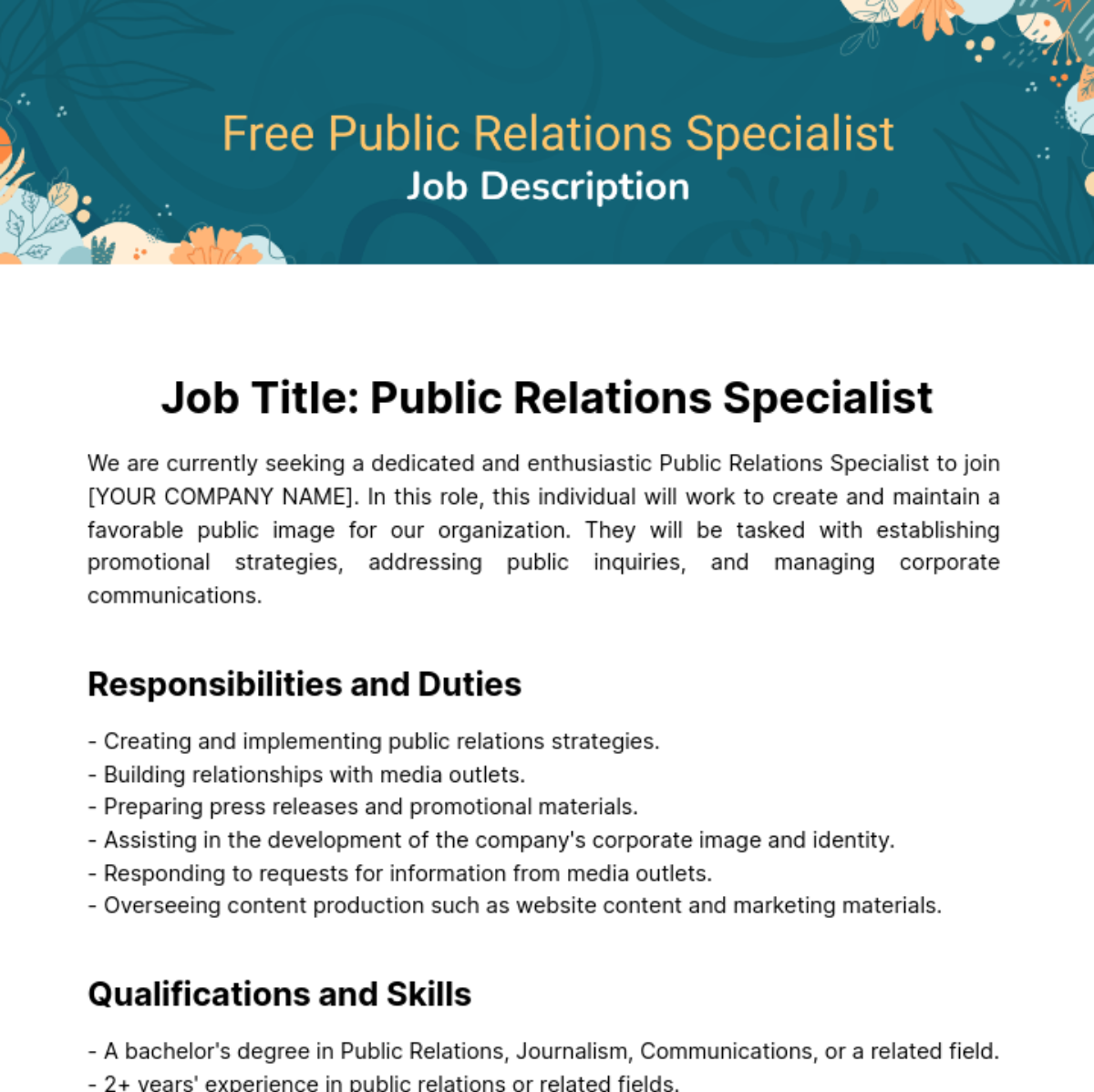 Public Relations (PR) Specialist Job Description Template