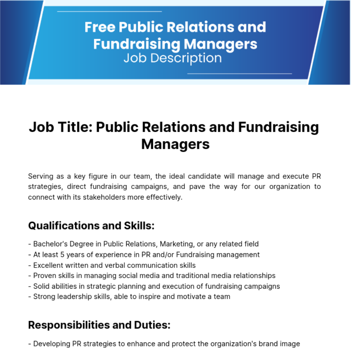 Public Relations (PR) and Fundraising Managers Job Description Template