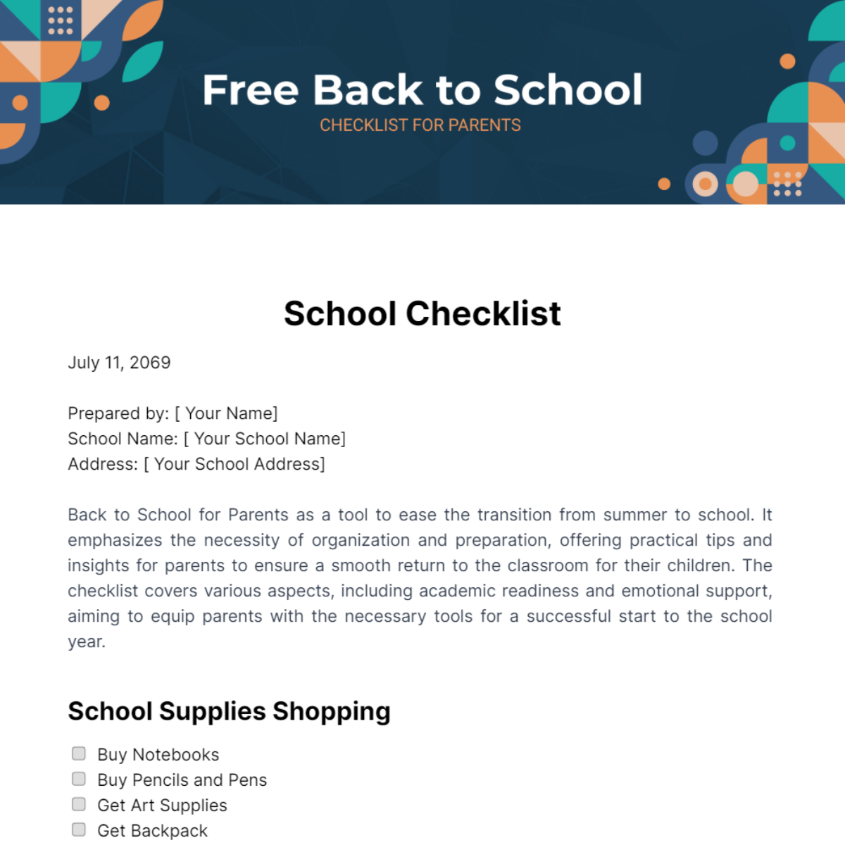 Back to School Checklist for Parents Template