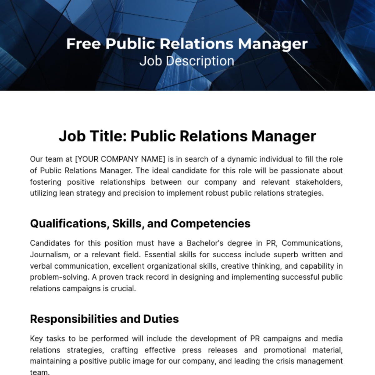 Public Relations (PR) Manager Job Description Template