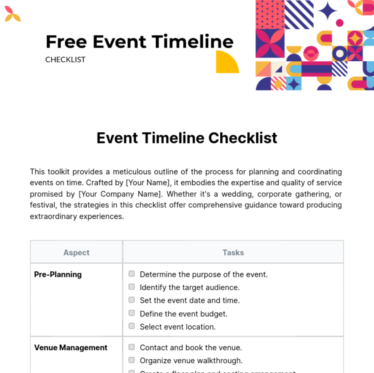 Event Timeline Checklist Template