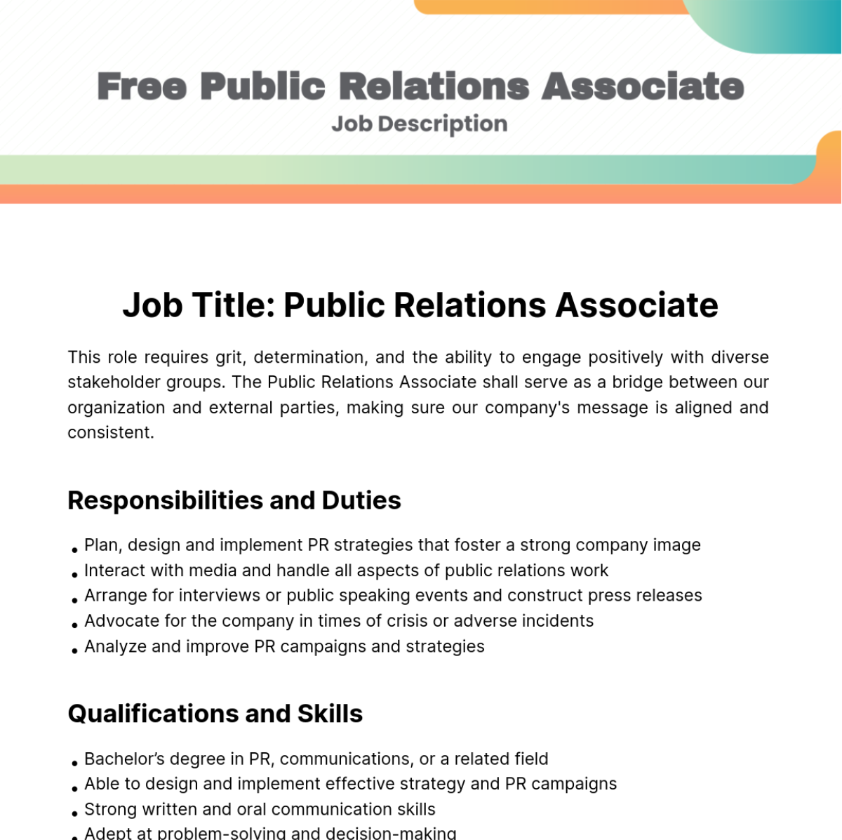 Public Relations (PR) Associate Job Description Template