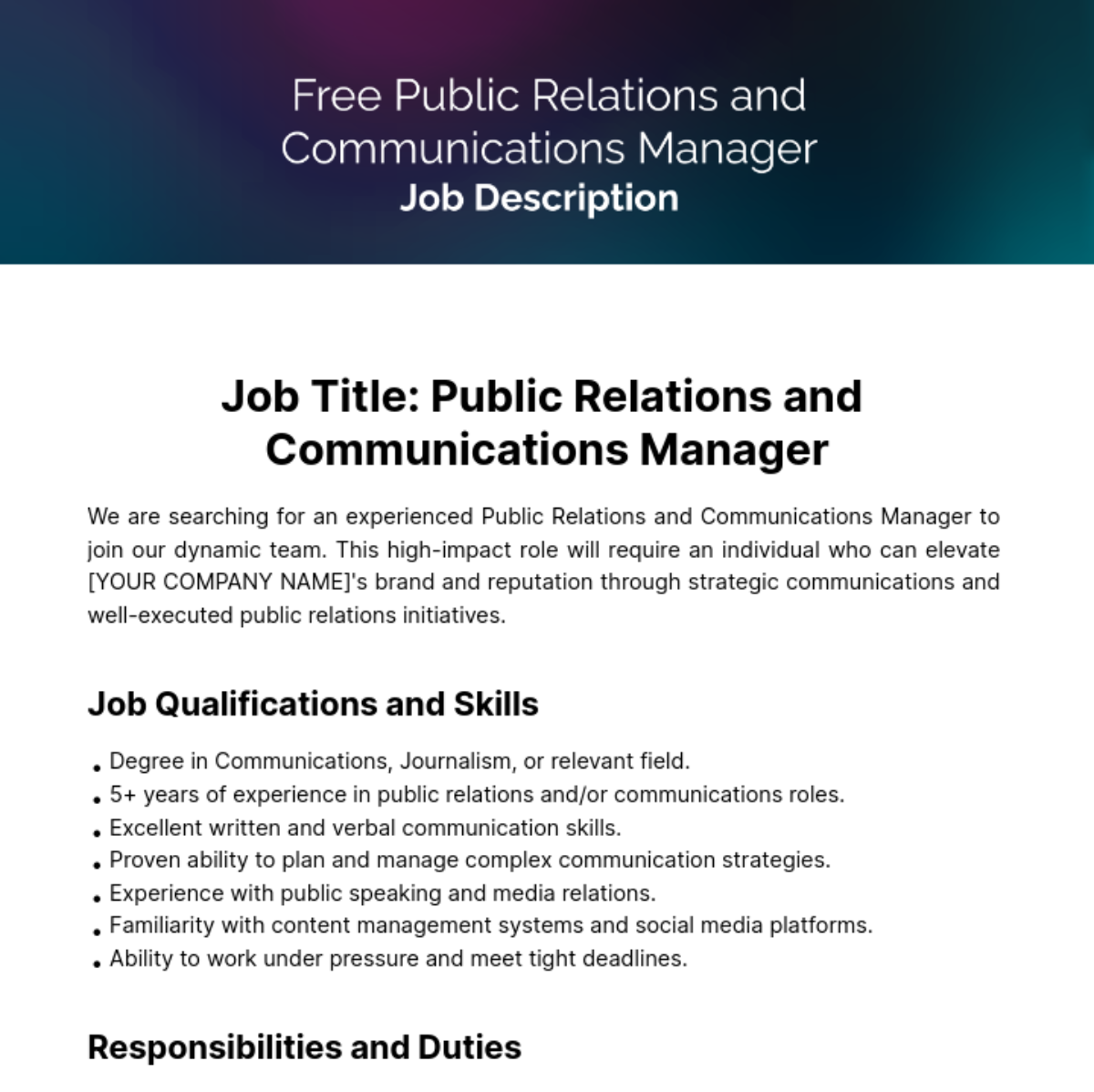 Public Relations (PR) and Communications Manager Job Description Template