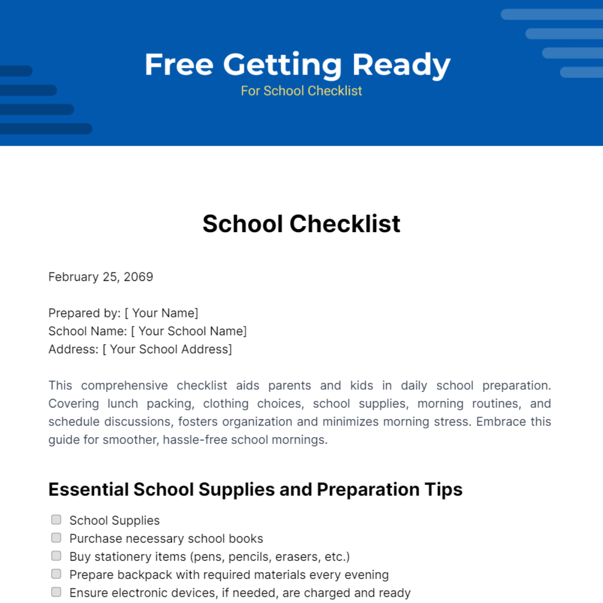 Free Getting Ready for School Checklist Template