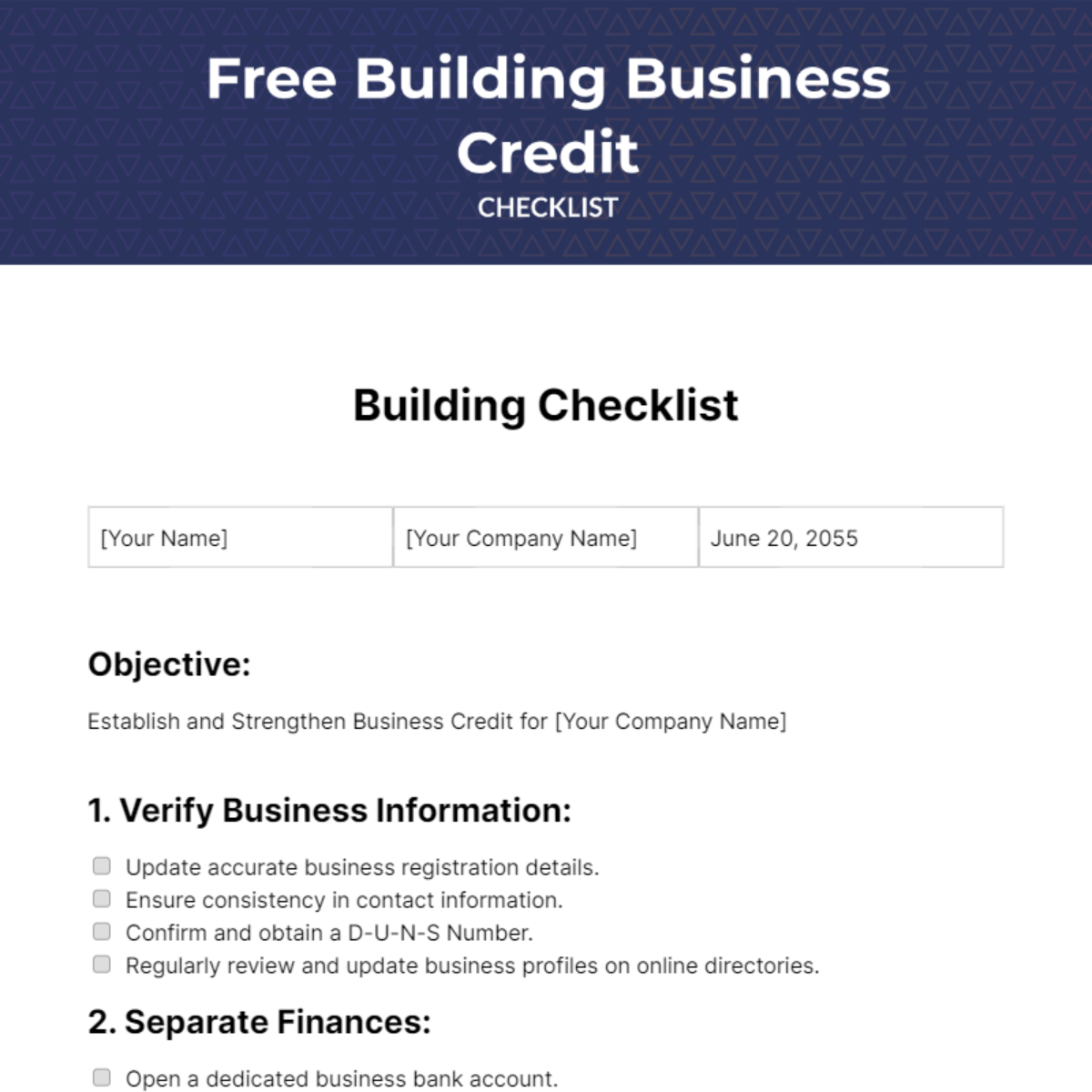 Building Business Credit Checklist Template