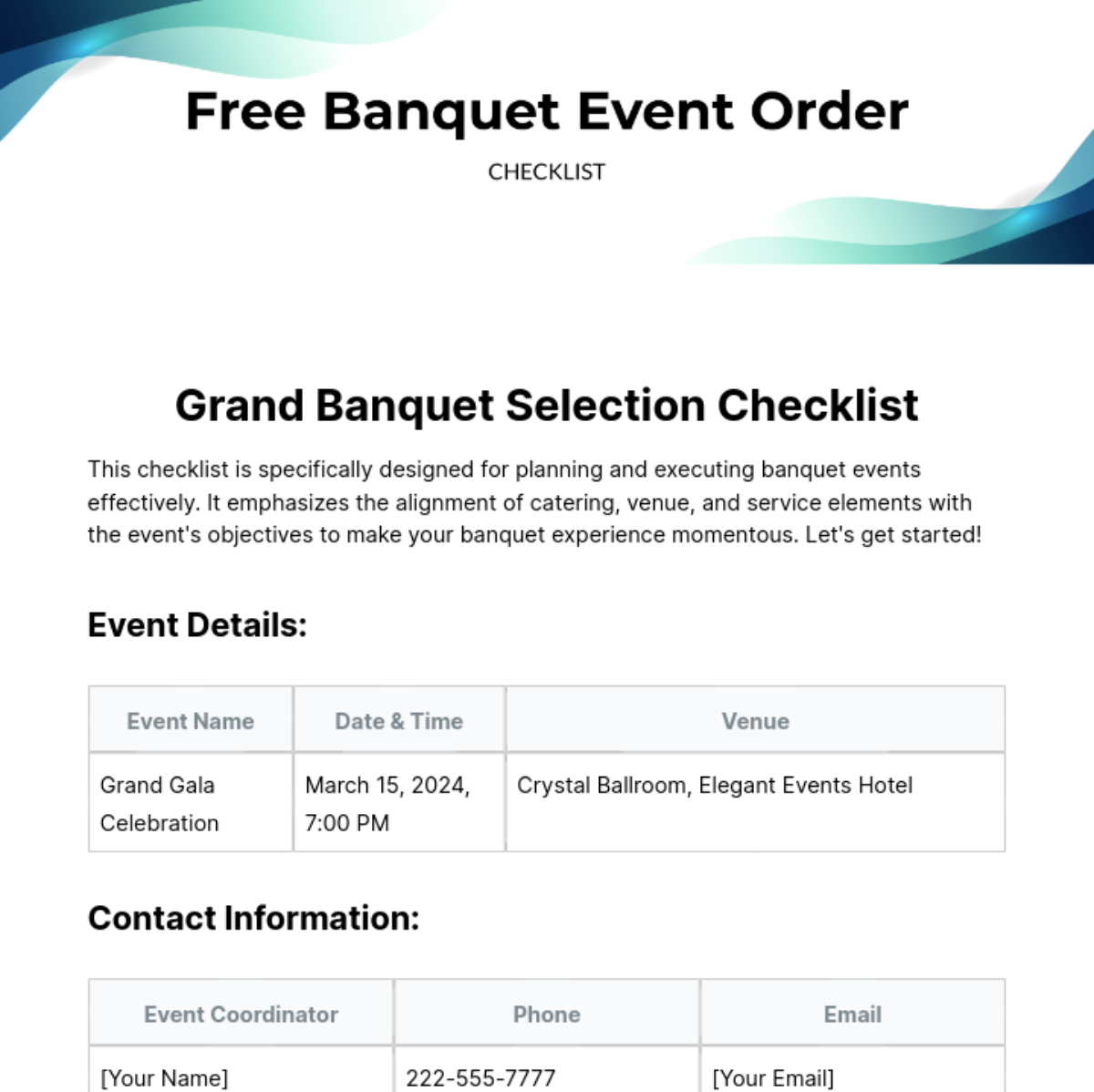 Free Banquet Event Order Checklist Template
