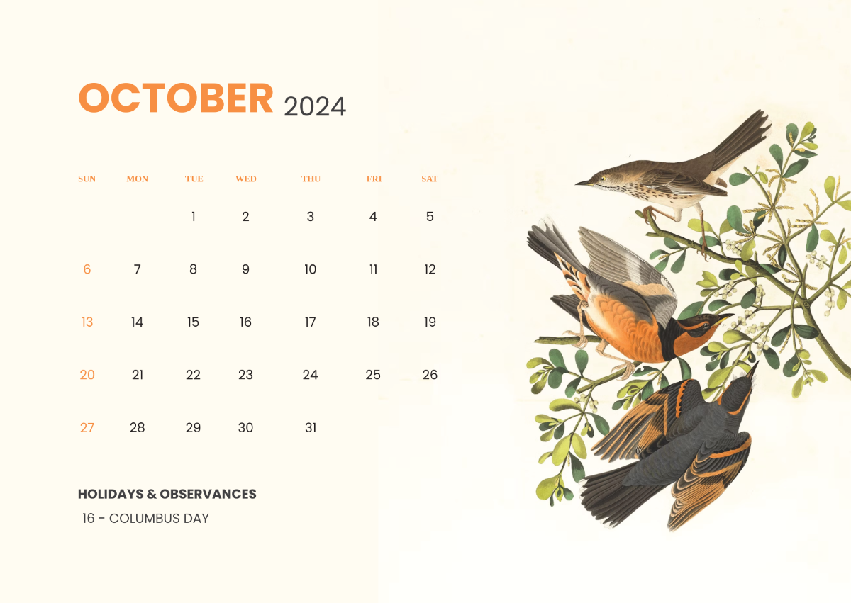 October Calendar 2024 with Holidays Template