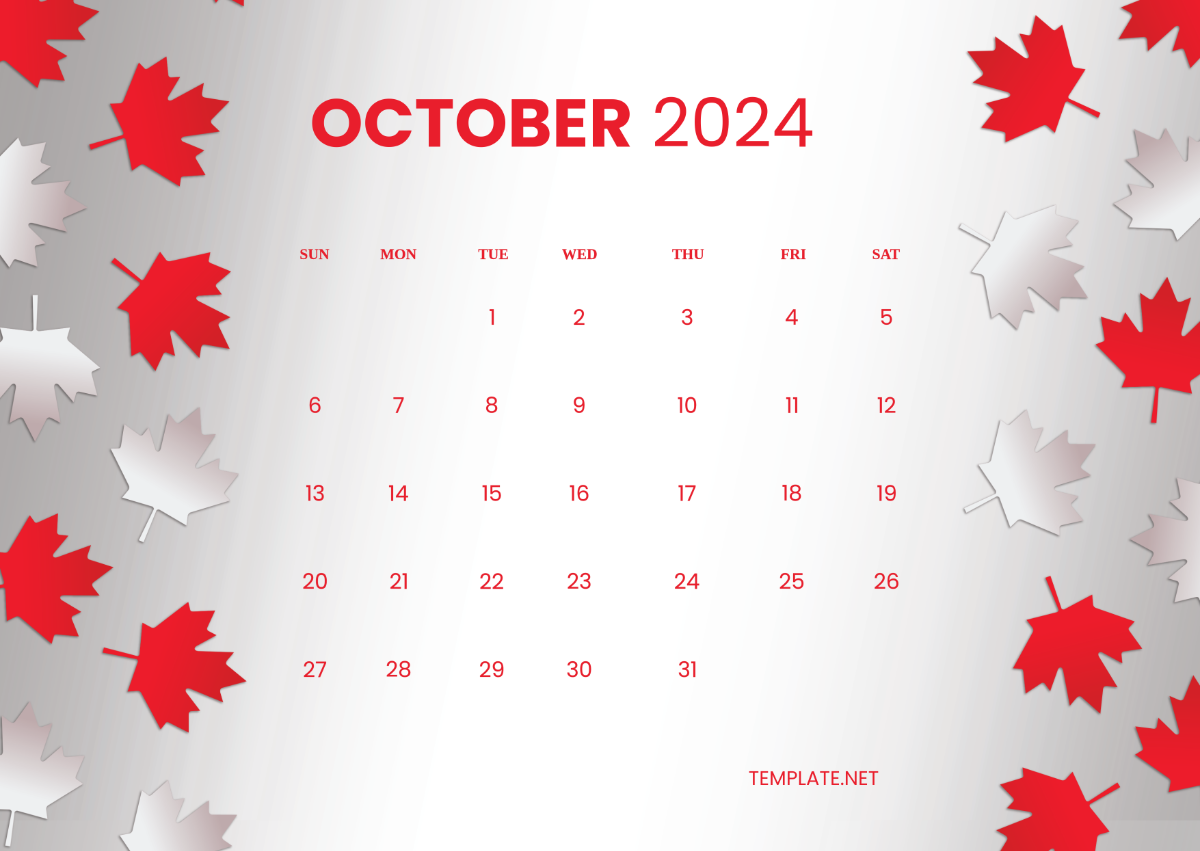 October 2024 Calendar Canada Template