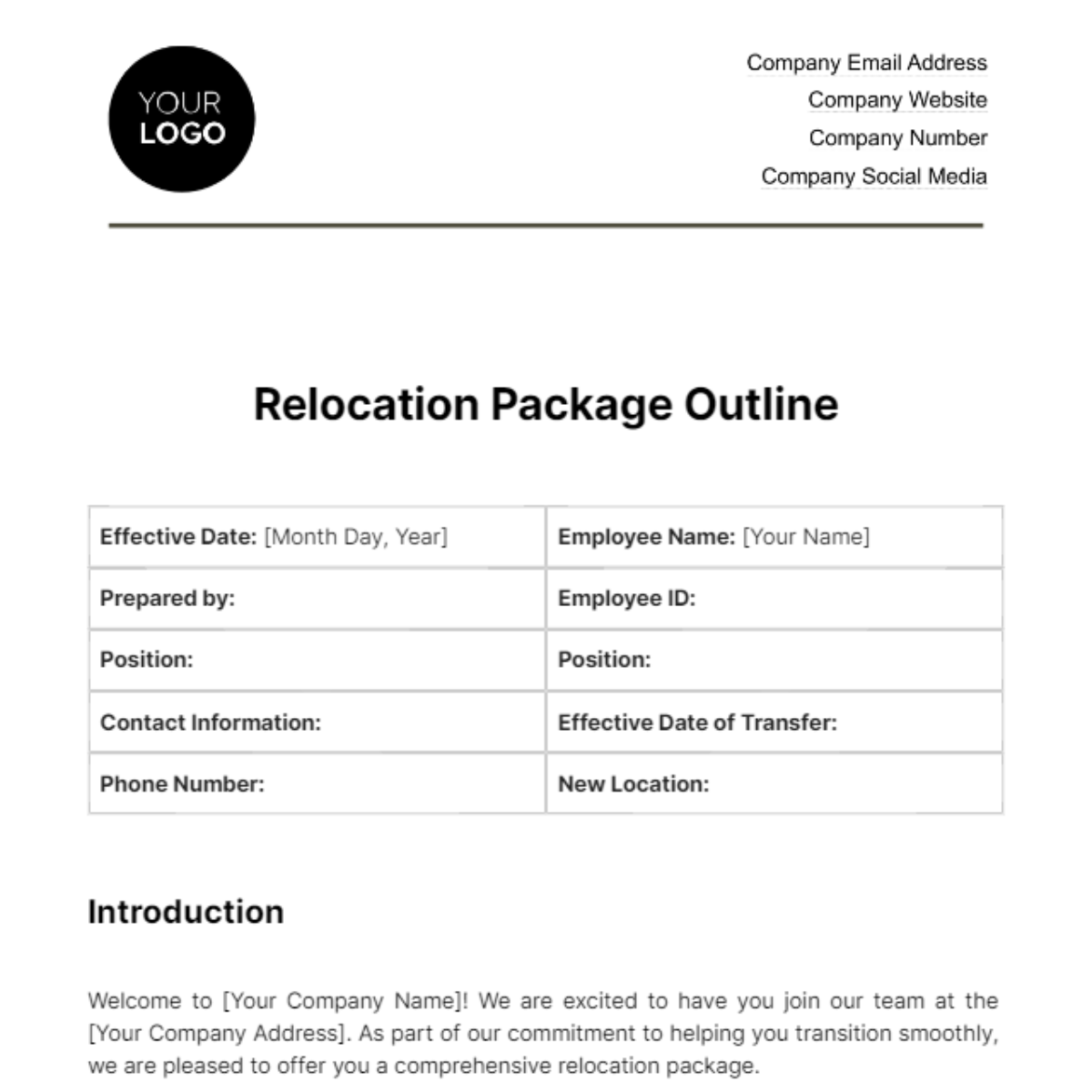 Relocation Package Outline HR Template