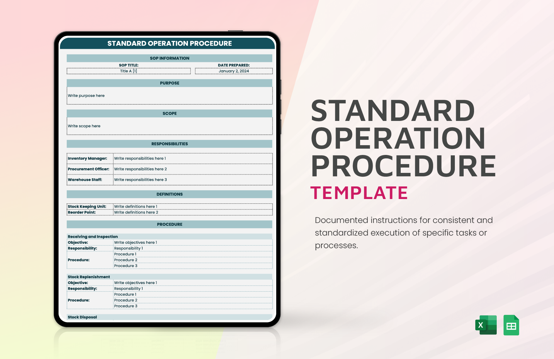 Standard Operation Procedure Template in Excel, Google Sheets