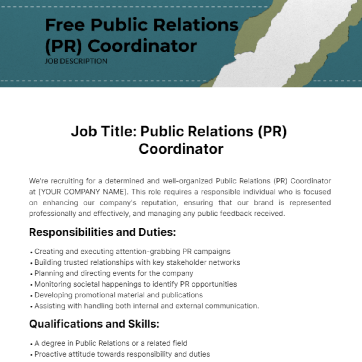 Public Relations (PR) Coordinator Job Description Template