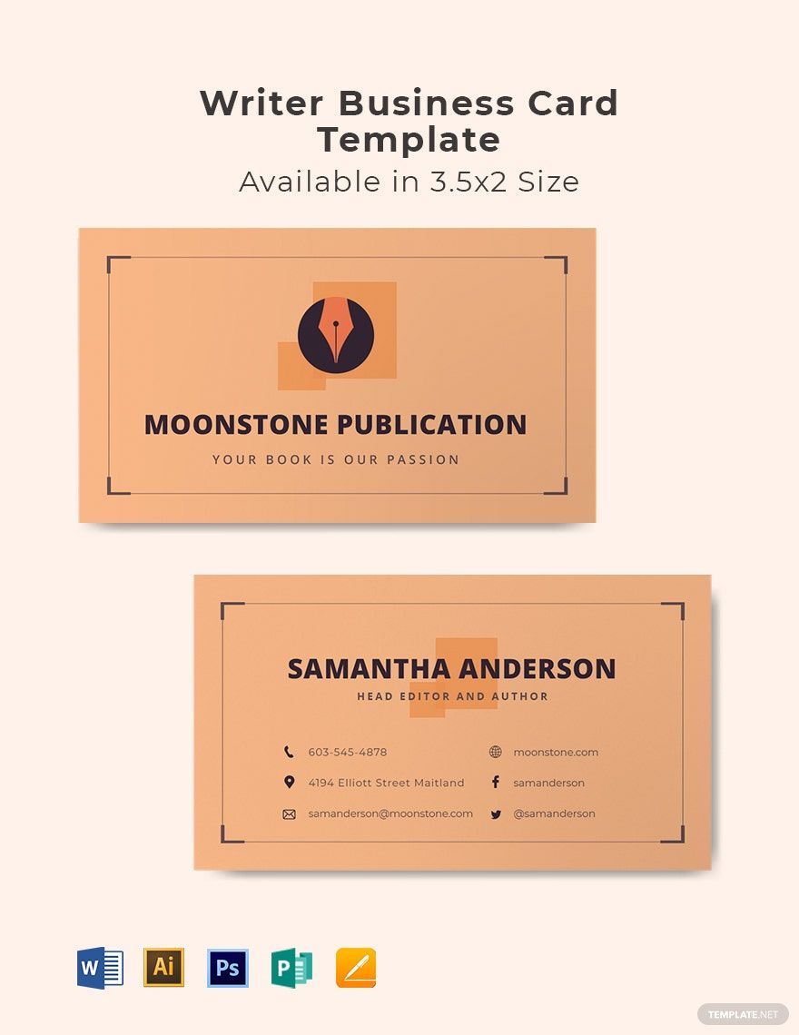 Writer Business Card Template in Word, Google Docs, Illustrator, PSD, Apple Pages, Publisher