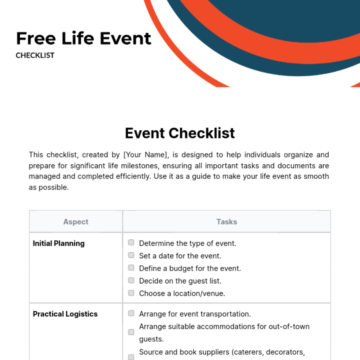 Life Event Checklist Template