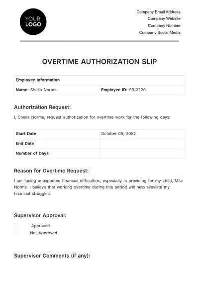 Free Overtime Authorization Slip HR Template to Edit Online