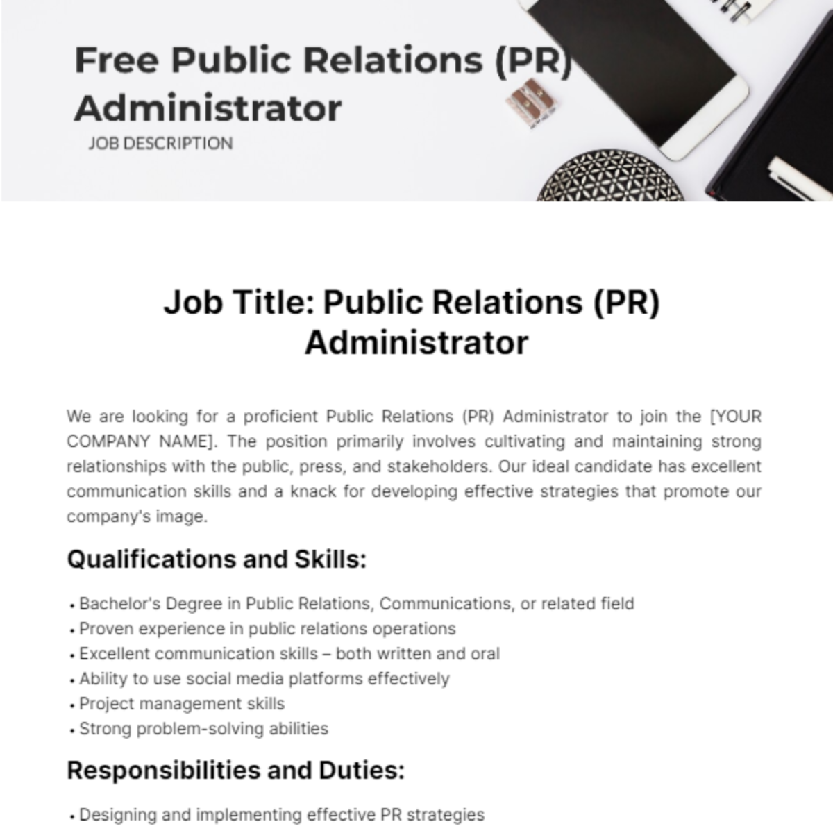 Public Relations (PR) Administrator Job Description Template