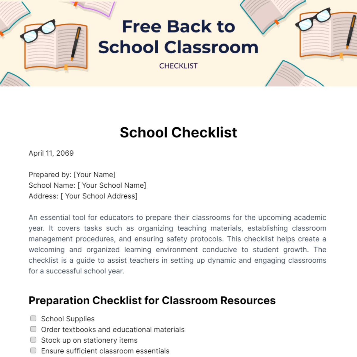 Free Back to School Classroom Checklist Template