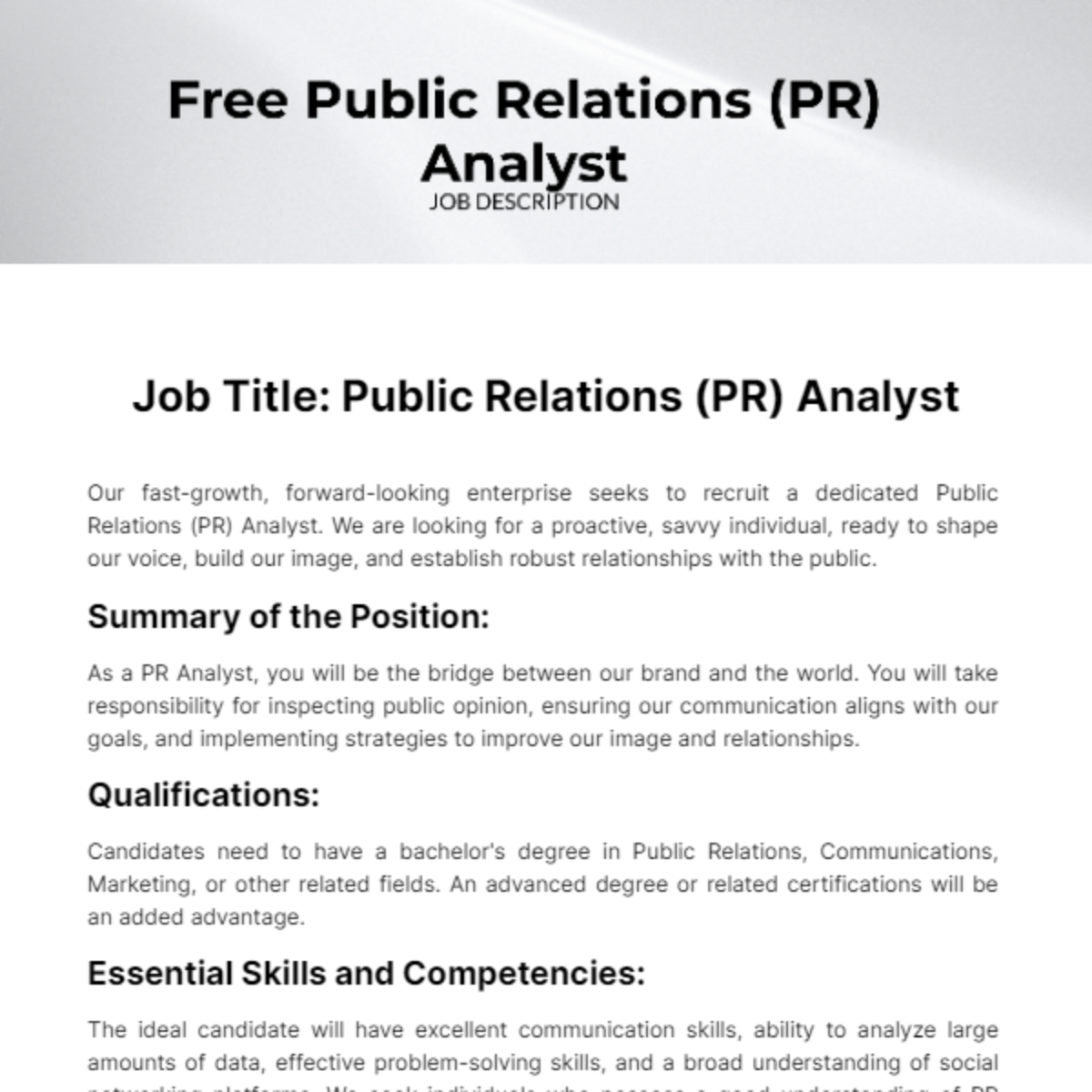 Public Relations (PR) Analyst Job Description Template