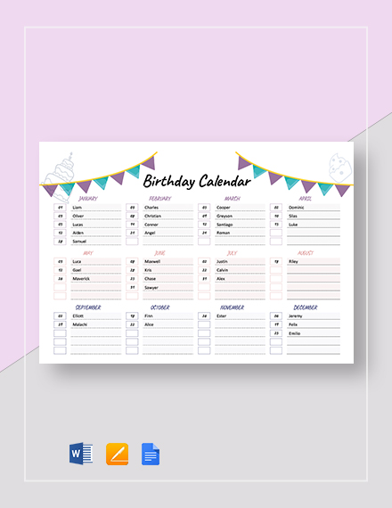 FREE Birthday Calendar Template - Word | Google Docs | Apple Pages ...