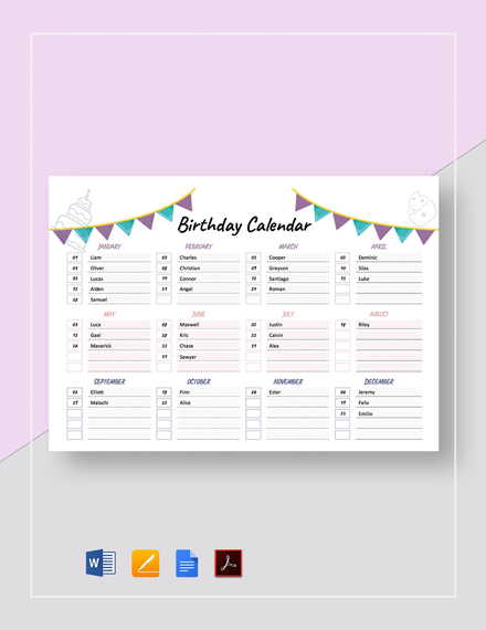 Birthday Calendar Templates in Google Docs | Template.net