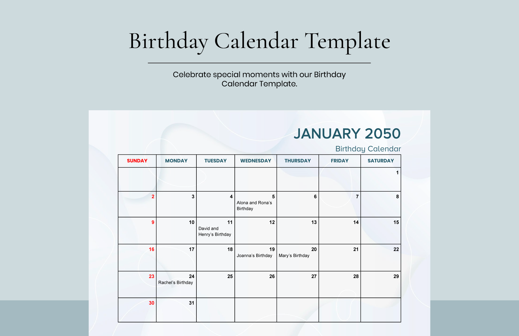 Birthday Calendar Template