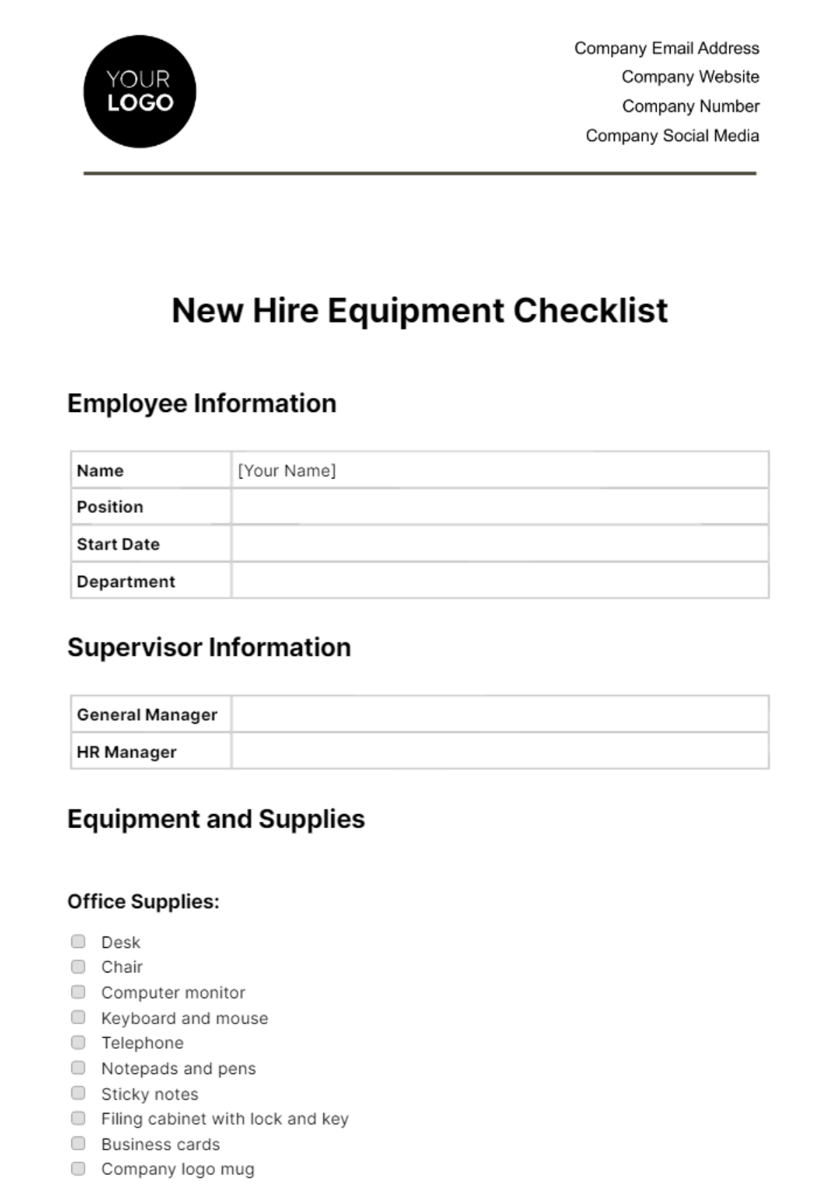 Free New Hire Equipment Checklist HR Template