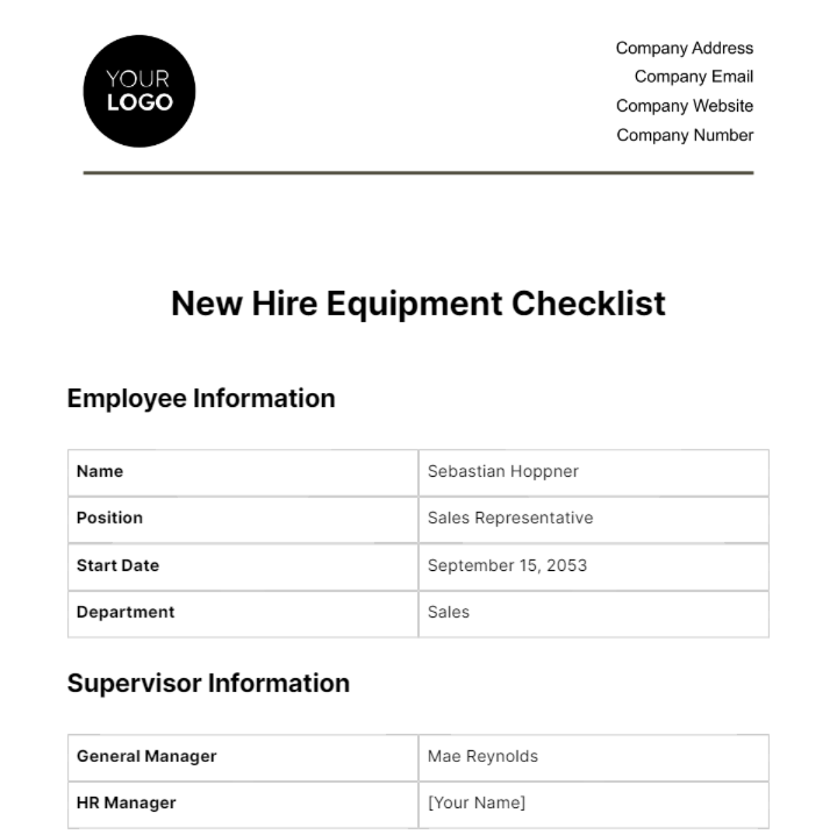 New Hire Equipment Checklist HR Template - Edit Online & Download Example