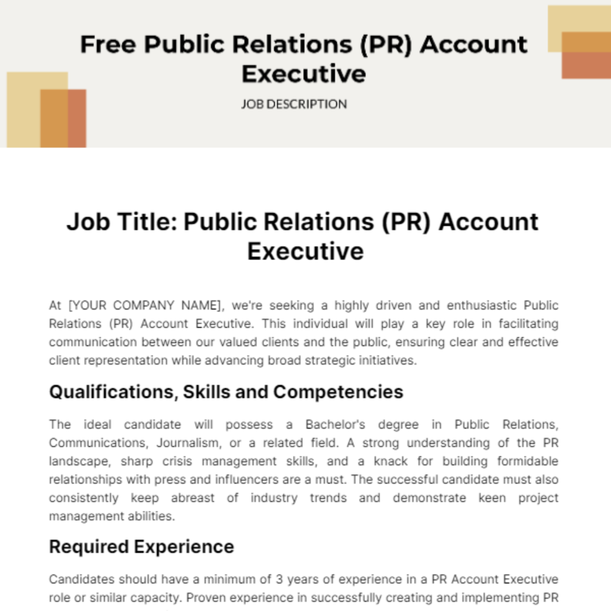 Public Relations (PR) Account Executive Job Description Template