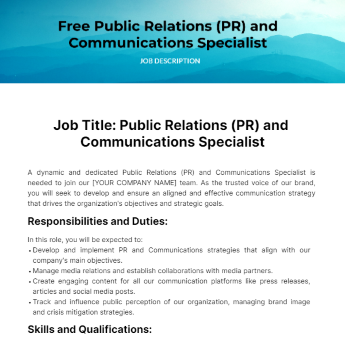 Public Relations (PR) and Communications Job Description Template