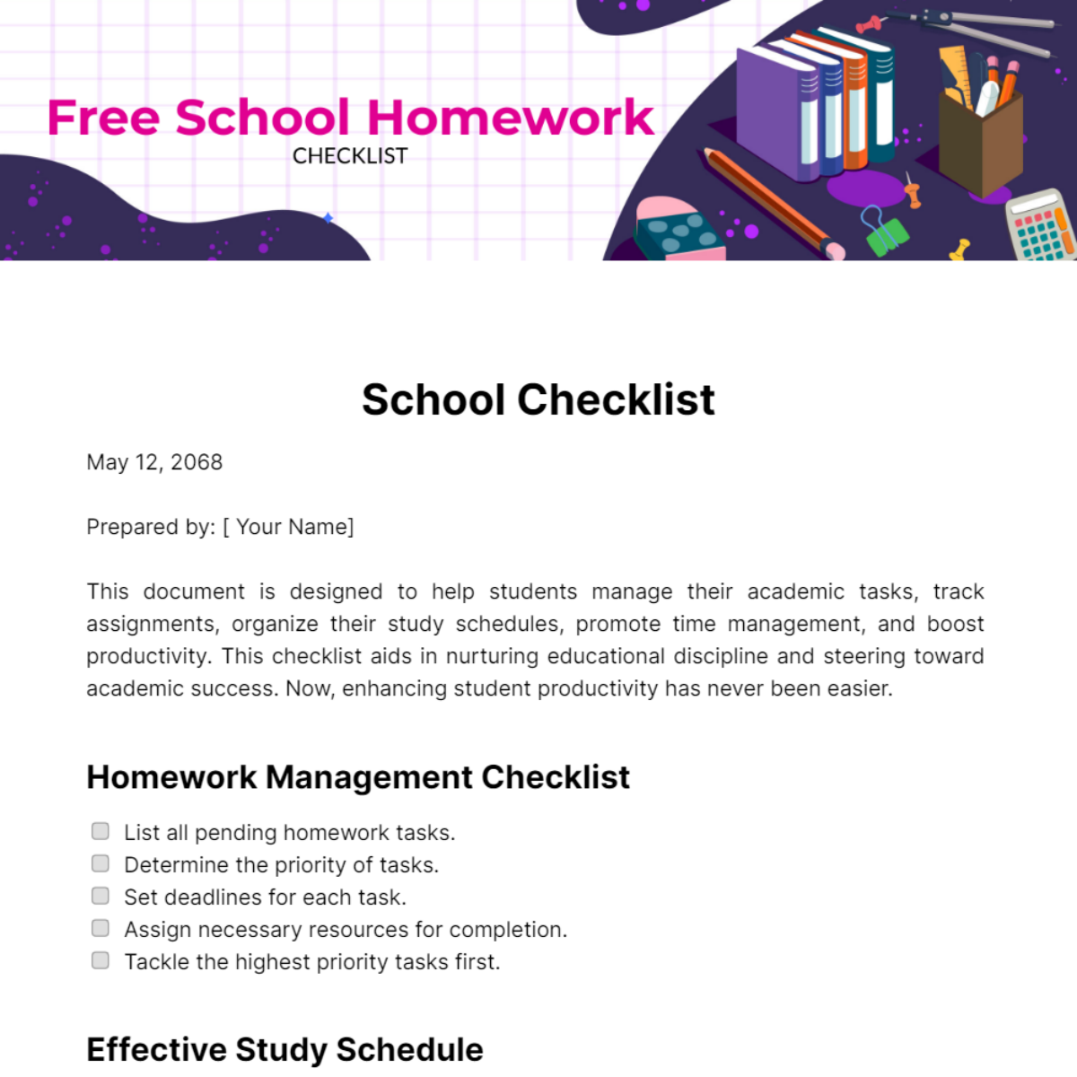 Free School Homework Checklist Template