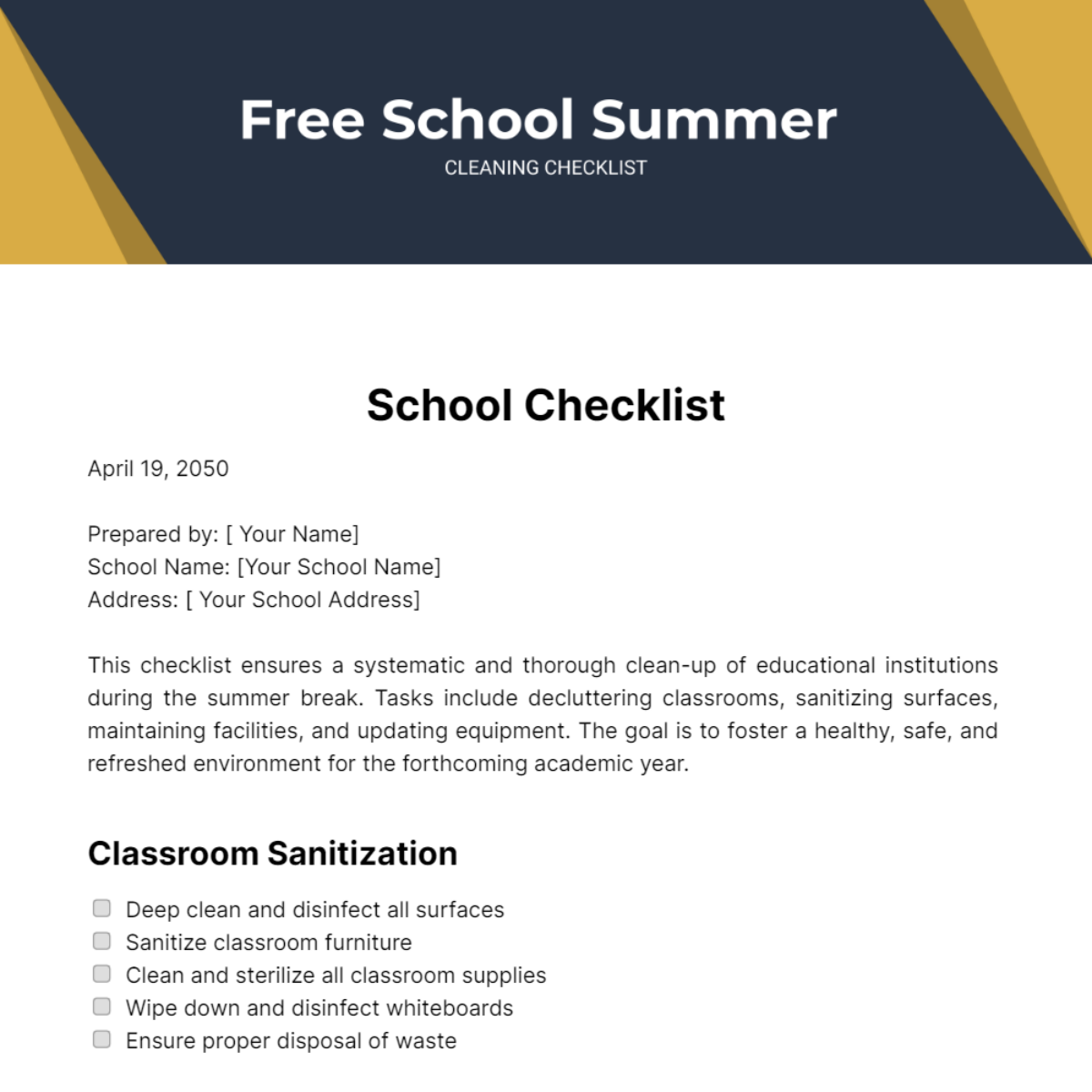School Summer Cleaning Checklist Template