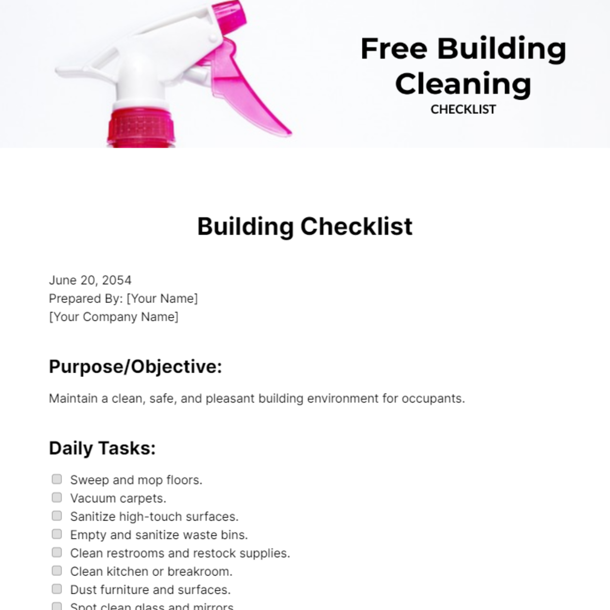 Building Cleaning Checklist Template