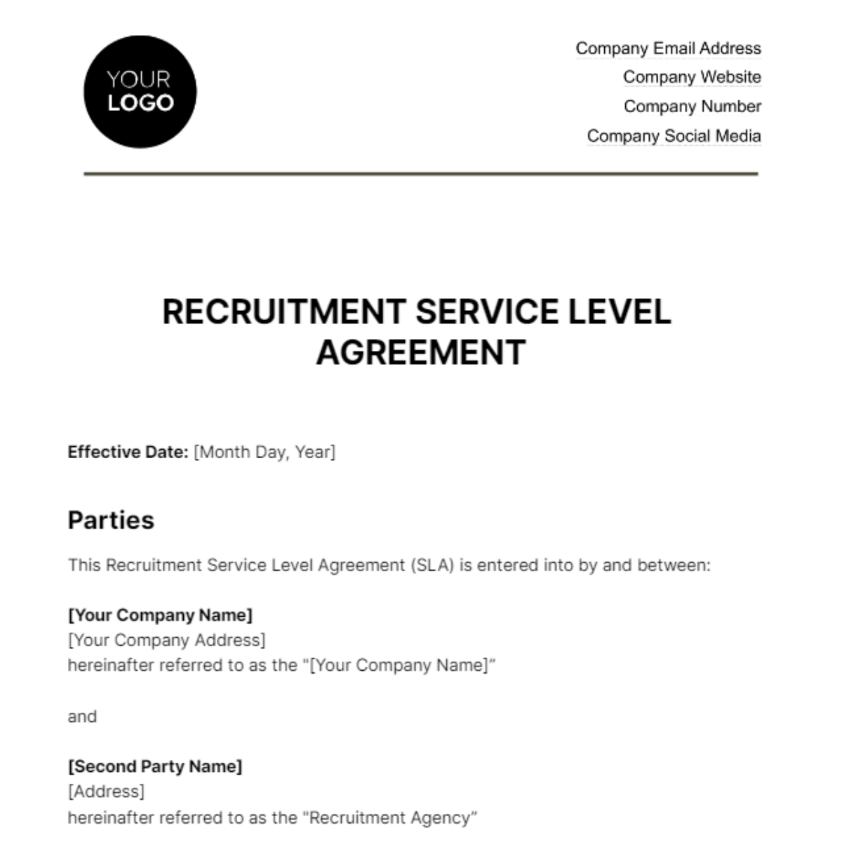 Recruitment Service Level Agreement HR Template
