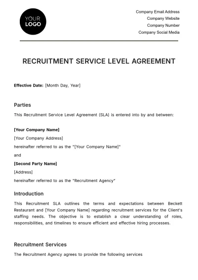 Free Recruitment Service Level Agreement HR Template to Edit Online