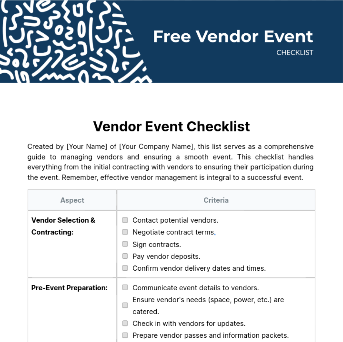 Vendor Event Checklist Template