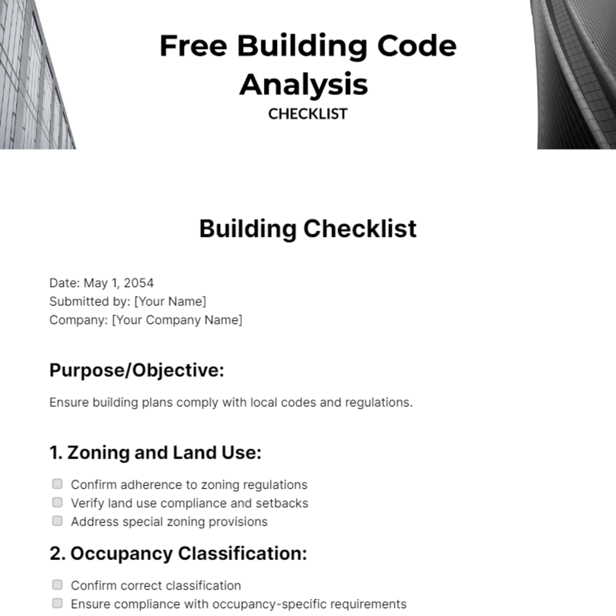 Free Building Code Analysis Checklist Template