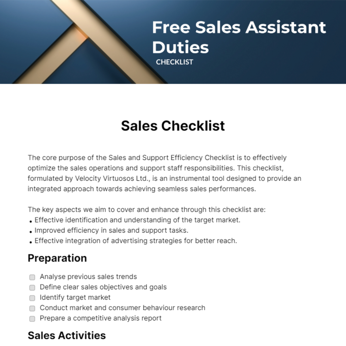 Sales Assistant Duties Checklist Template