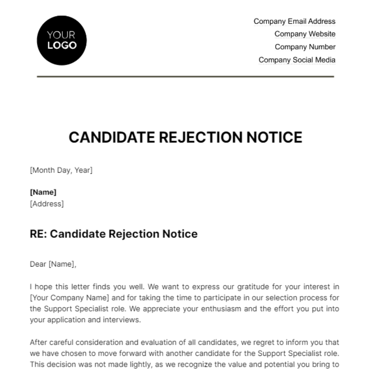 Candidate Rejection Notice HR Template