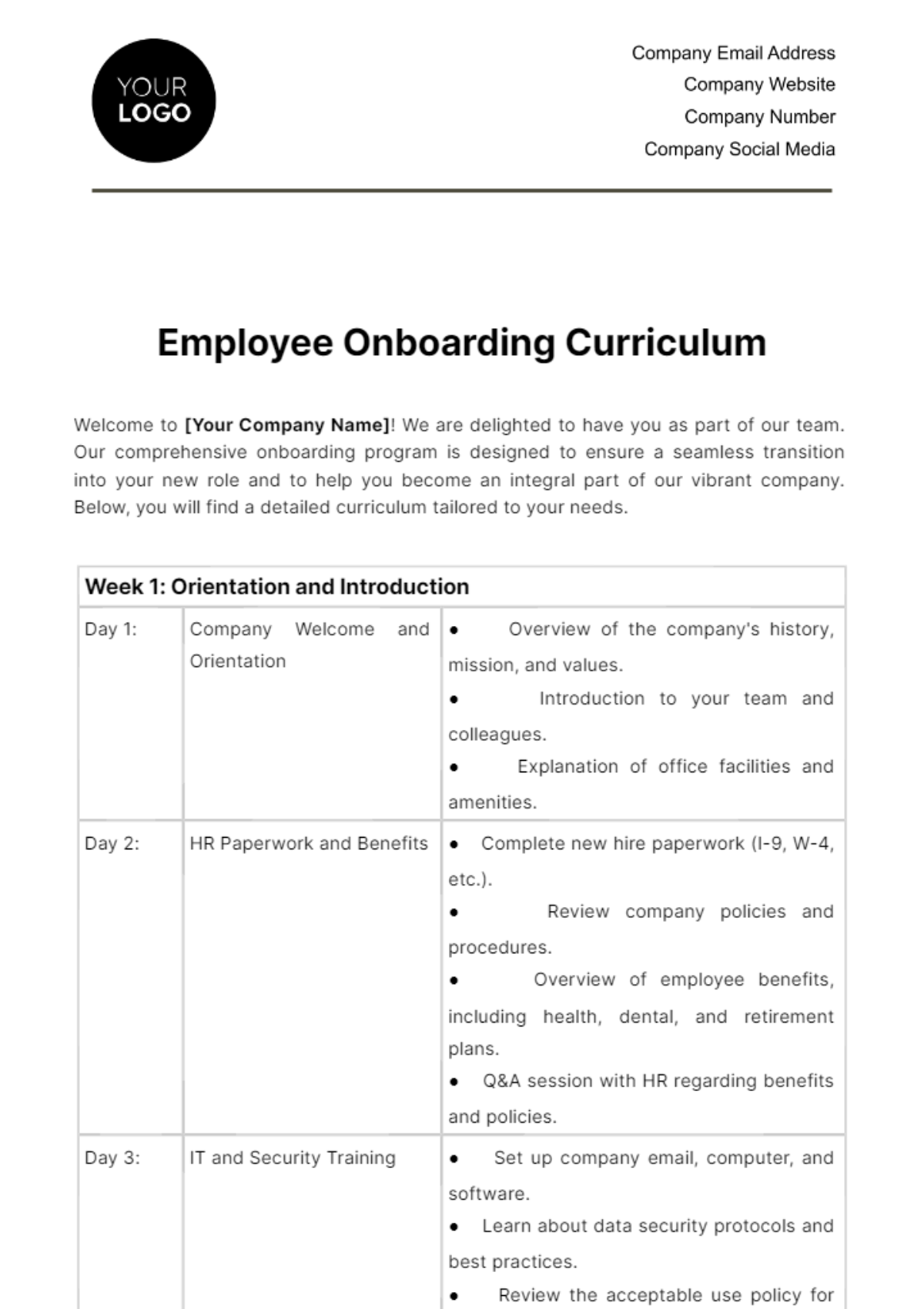 Employee Onboarding Curriculum HR Template