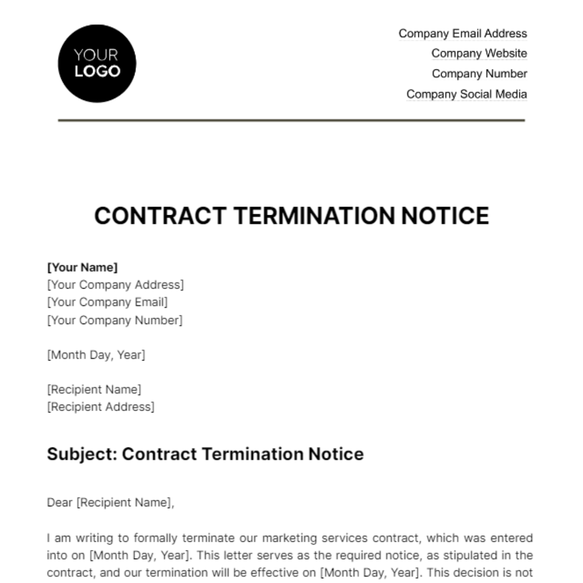 Contract Termination Notice HR Template
