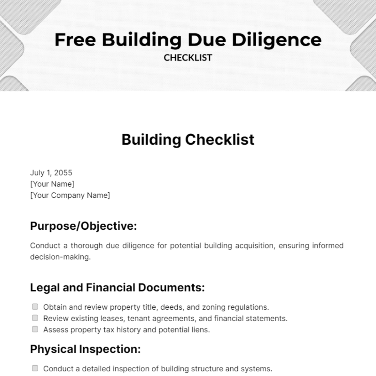 Building Due Diligence Checklist Template