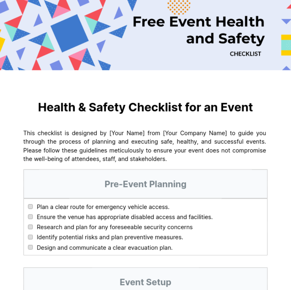 Event Health and Safety Checklist Template