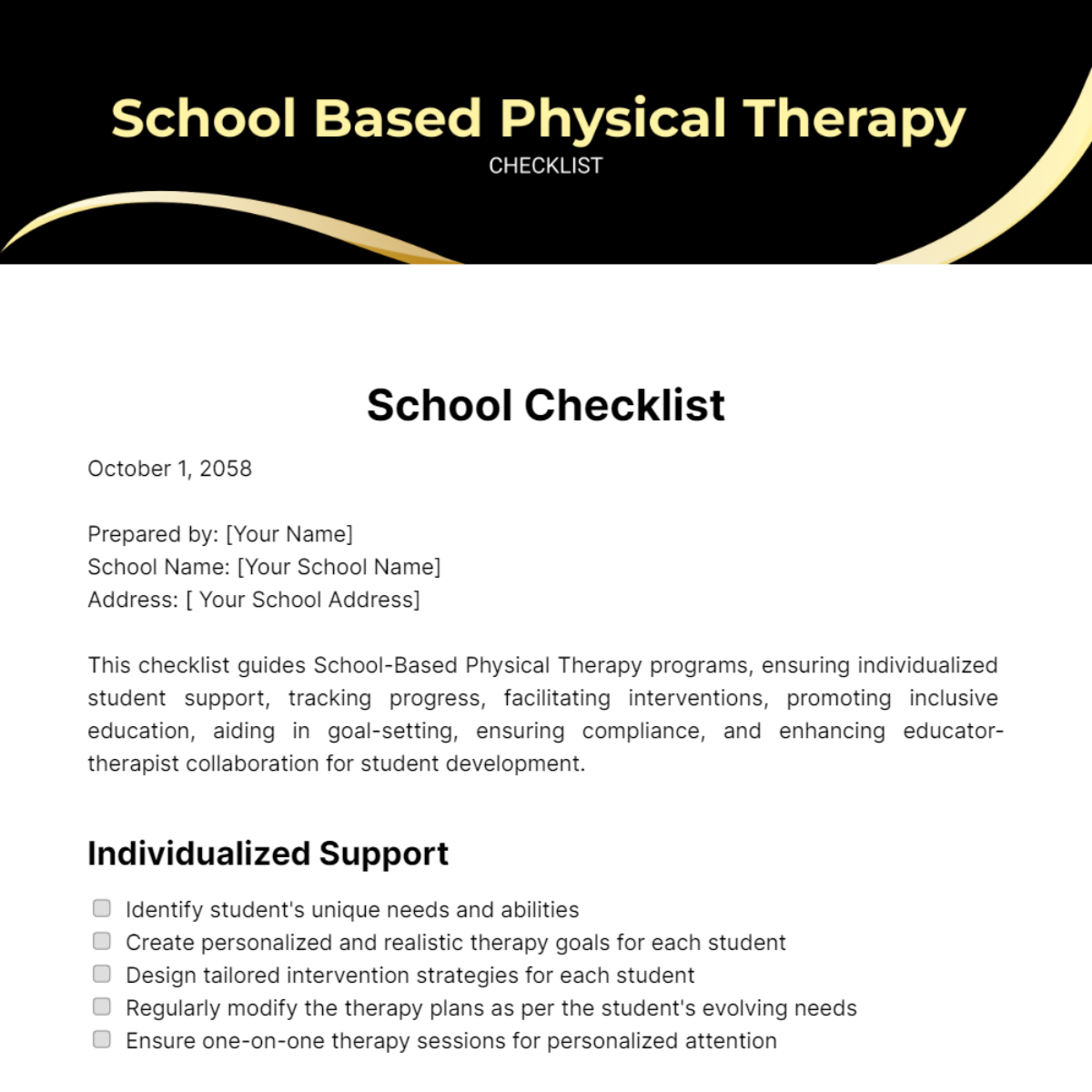 School Based Physical Therapy Checklist Template