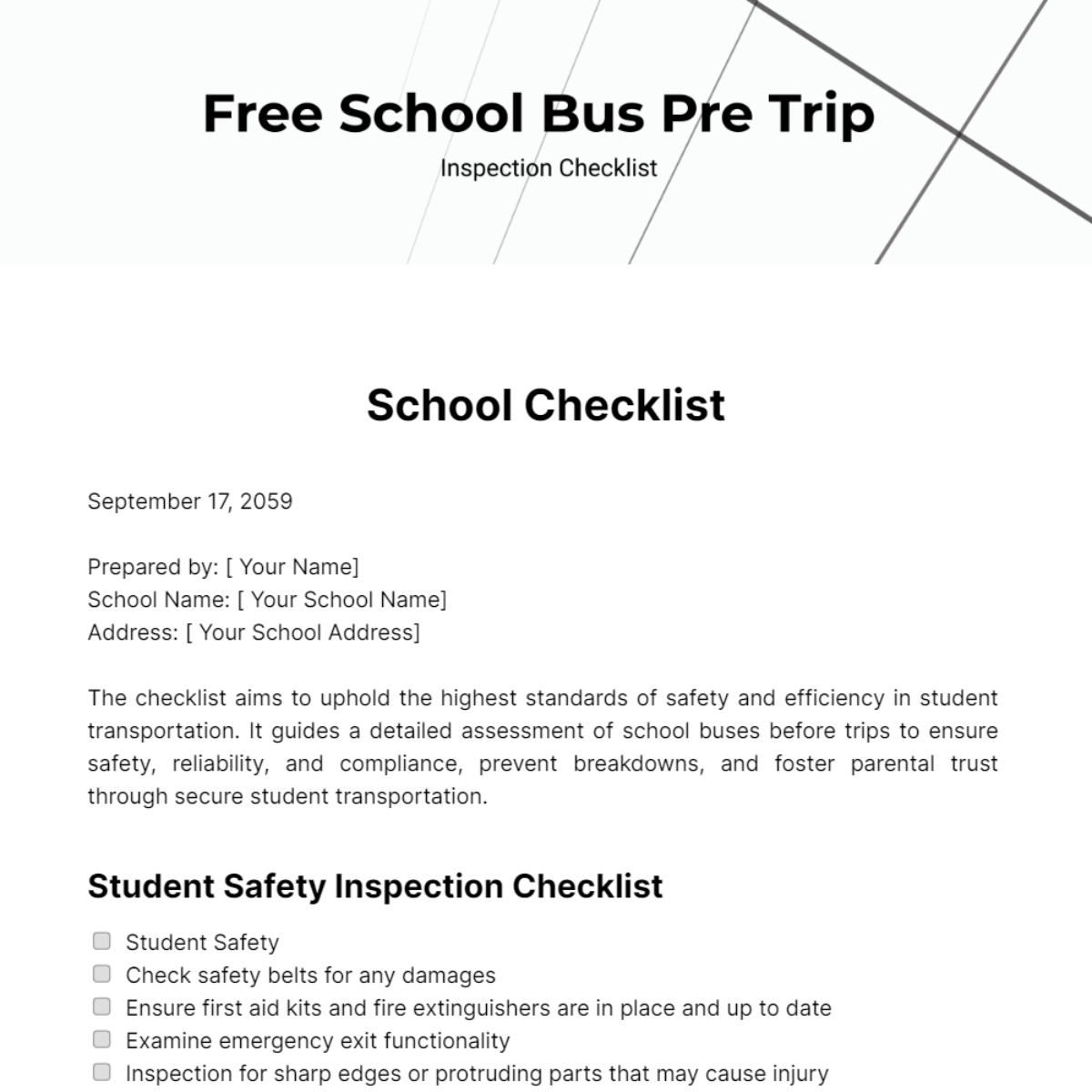 School Bus Pre Trip Inspection Checklist Template